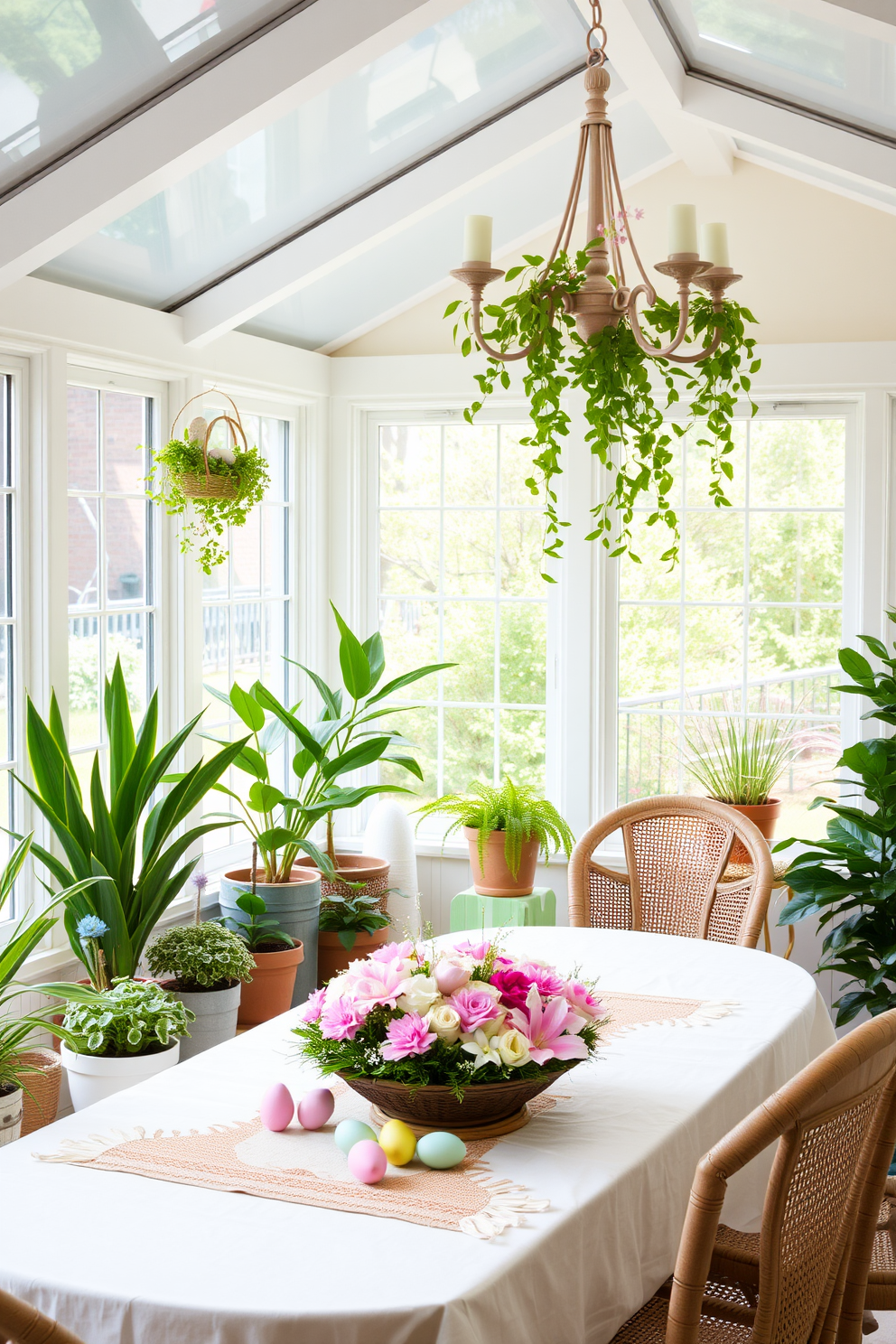 A bright and airy sunroom filled with natural light. Lush potted plants of various sizes are strategically placed around the space, adding a vibrant touch to the decor. Delicate pastel decorations for Easter adorn the sunroom. A beautifully set table features a centerpiece of blooming flowers and colorful eggs, creating a festive atmosphere.