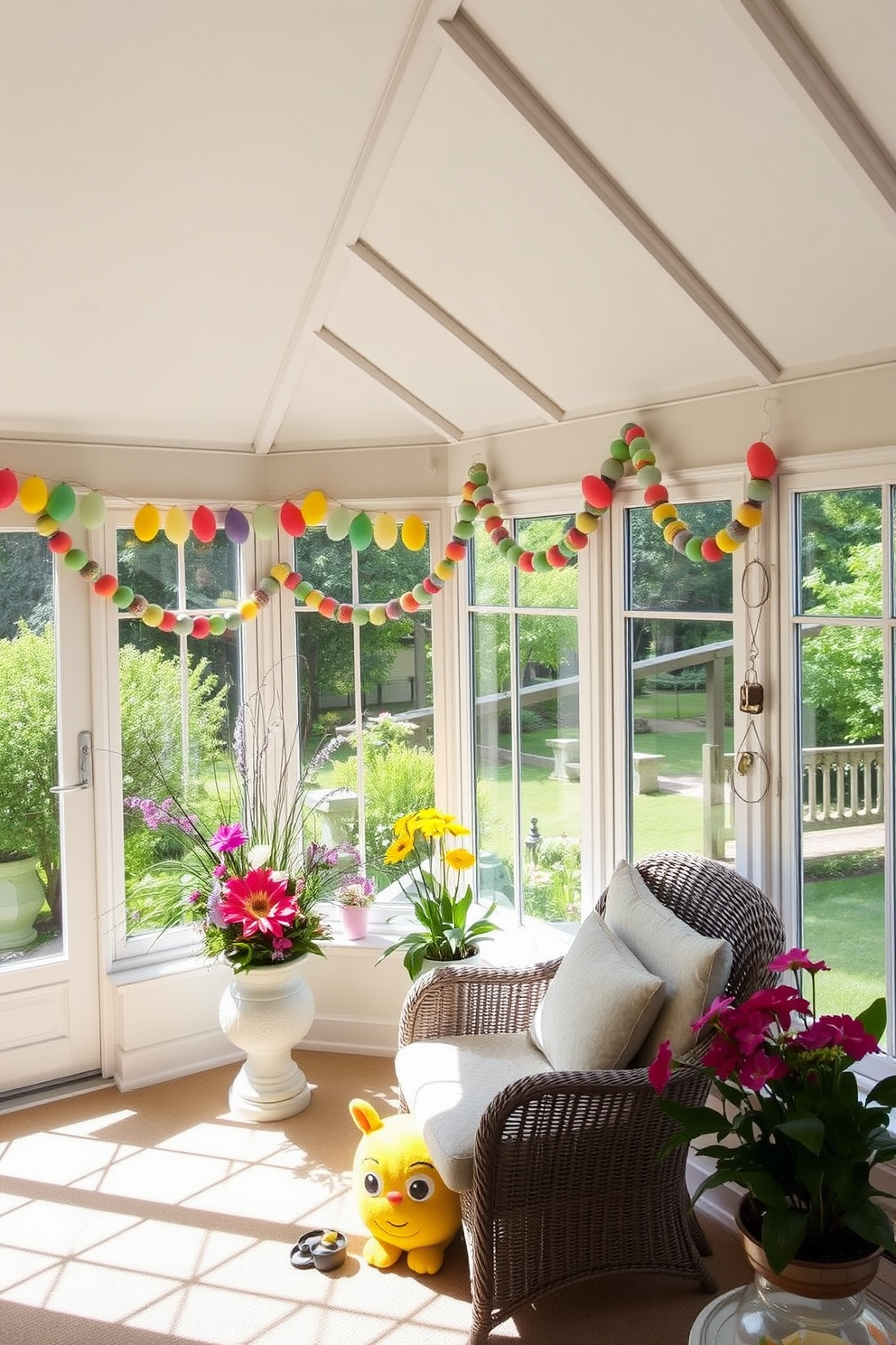 A sunroom adorned with a colorful Easter egg garland draped gracefully across the windows. The space is filled with natural light, highlighting cheerful pastel decorations and vibrant floral arrangements.