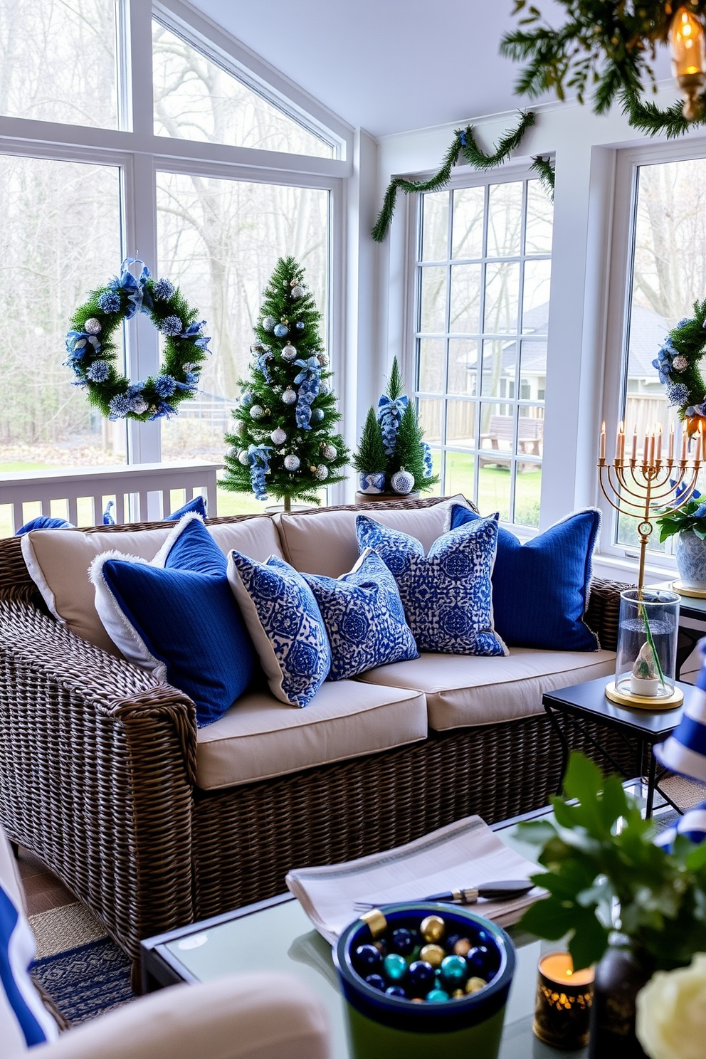 Cozy blue and white throw pillows are arranged on a comfortable wicker sofa in a sunroom filled with natural light. The space is adorned with festive Hanukkah decorations, including a beautifully lit menorah on a side table and blue and silver accents throughout the room.