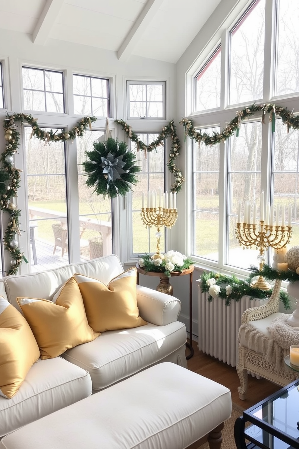 A bright and inviting sunroom filled with natural light. Plush seating is adorned with gold and white accent pillows, creating a cozy atmosphere perfect for relaxation. Festive decorations for Hanukkah are tastefully arranged throughout the space. A beautifully decorated menorah sits on a side table, complemented by shimmering garlands and candles that enhance the joyful ambiance.