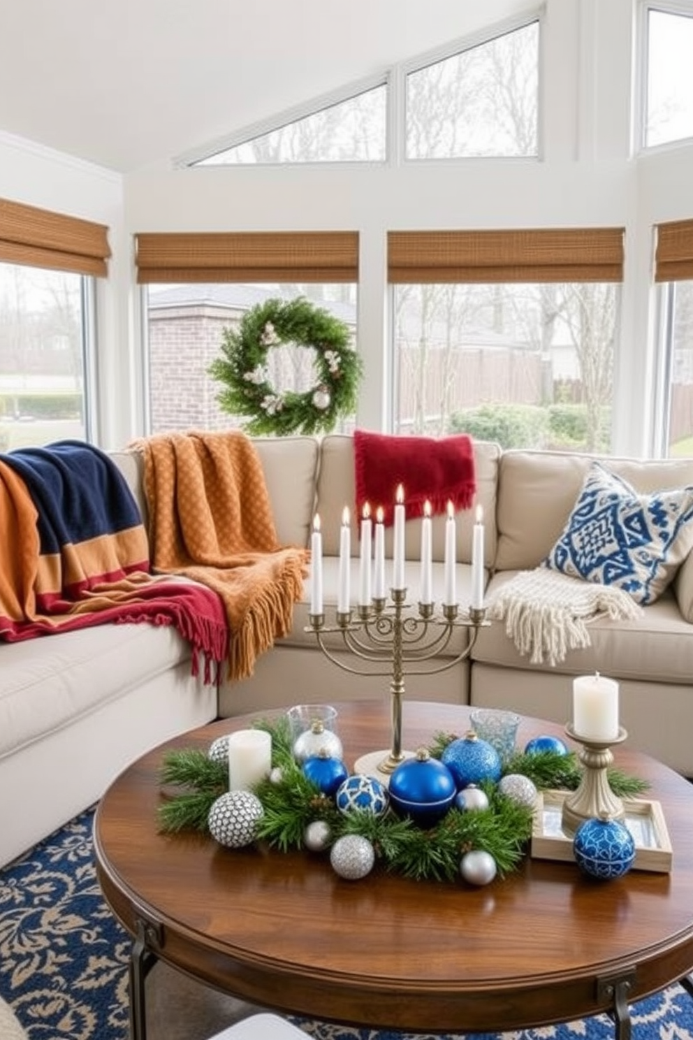 A sunroom filled with natural light featuring a vintage menorah as the focal point. The walls are adorned with festive decorations, and a cozy seating area is arranged around a small table set for Hanukkah celebrations.