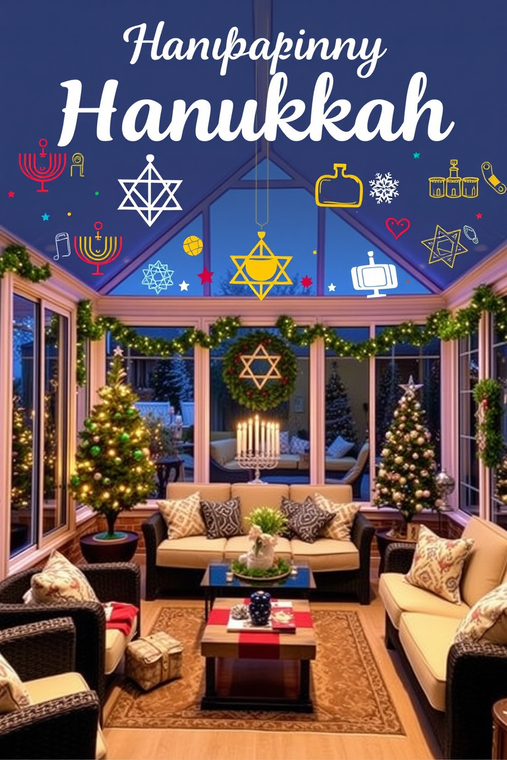 Creative wall decals for Hanukkah adorn the sunroom with vibrant colors and festive designs. The decals feature traditional symbols like menorahs and dreidels, creating a joyful atmosphere for family gatherings. The sunroom is filled with soft, ambient lighting that enhances the warmth of the decorations. Cozy seating arrangements invite guests to relax and enjoy the holiday spirit.