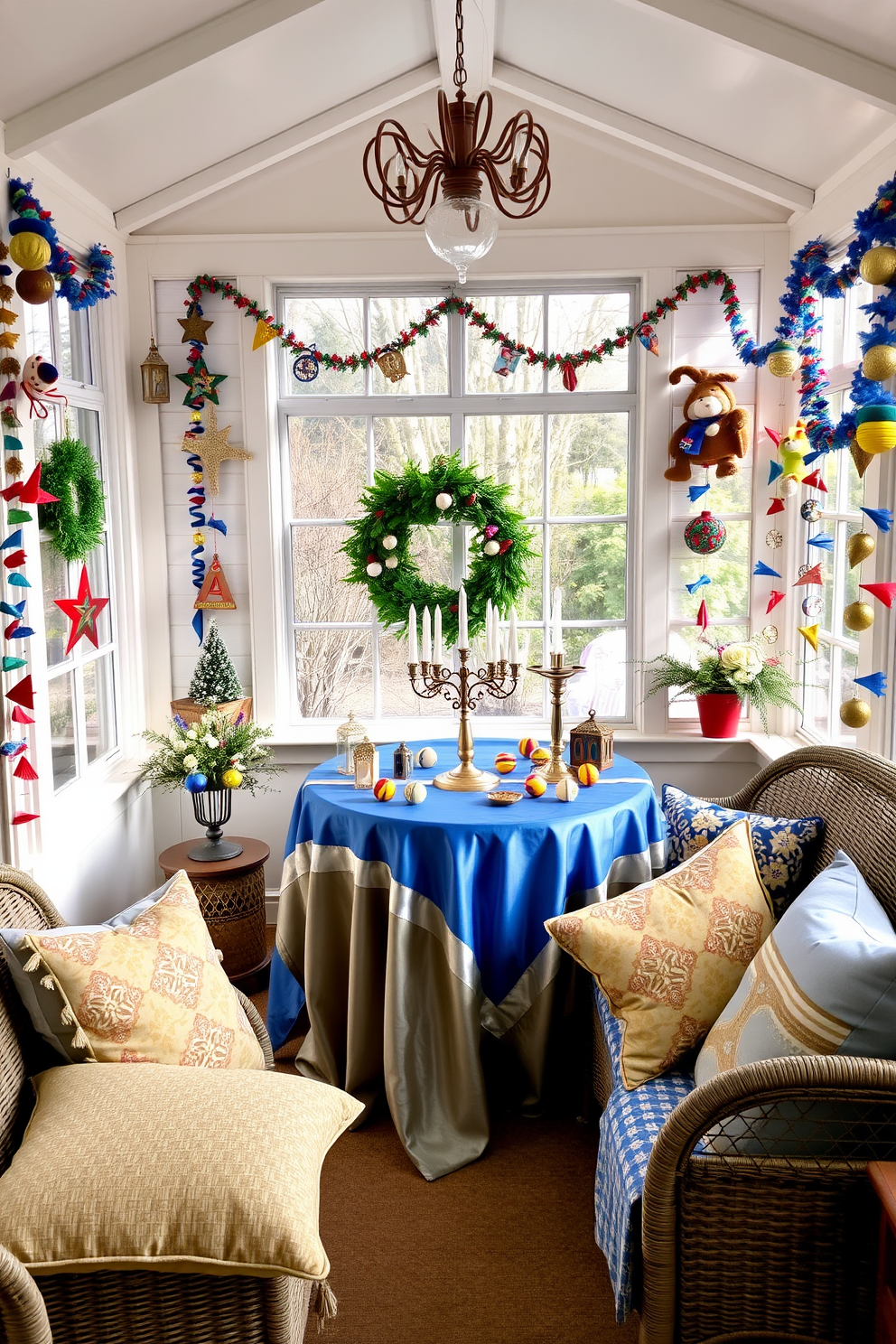 A cozy sunroom adorned with vintage Hanukkah decorations. The space features a beautifully draped table with a blue and silver tablecloth, showcasing a menorah surrounded by traditional dreidels and candles. The walls are decorated with colorful paper chains and handmade ornaments, creating a festive atmosphere. Soft cushions in shades of blue and gold are scattered on a wicker sofa, inviting guests to relax and enjoy the holiday spirit.