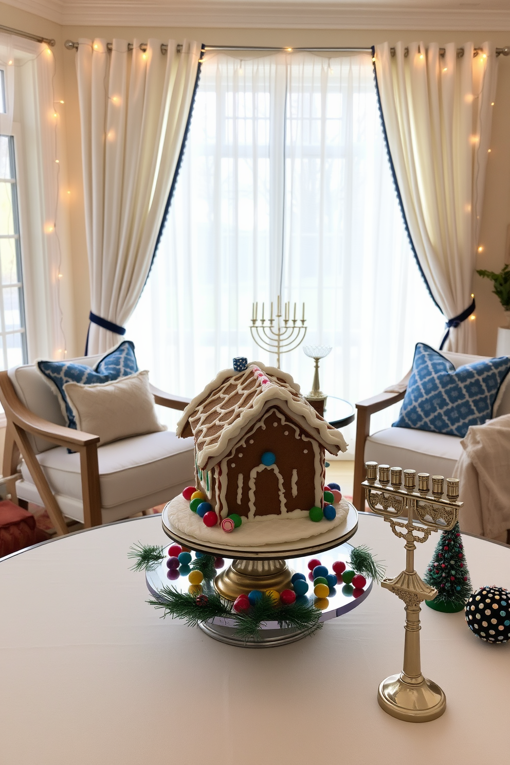 A bright sunroom adorned with blue and silver curtains that billow gently in the breeze. The space is filled with festive decorations that celebrate Hanukkah, including a beautifully arranged menorah on the coffee table and colorful dreidels scattered around.