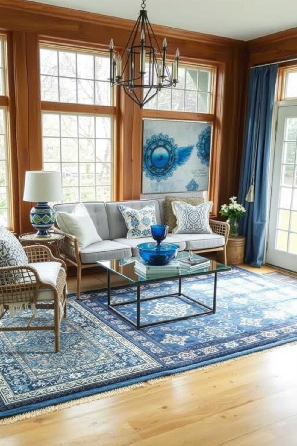 A sunroom filled with natural light features a large wooden table adorned with decorative trays holding an assortment of Hanukkah treats such as sufganiyot and gelt. Surrounding the table are comfortable seating options with festive throw pillows in blue and silver tones, creating a warm and inviting atmosphere for family gatherings.