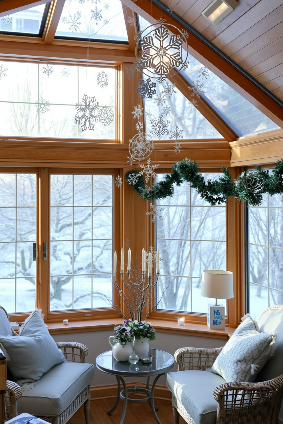 A cozy sunroom filled with natural light. The windows are adorned with delicate hanging paper snowflakes, creating a whimsical winter atmosphere. Festive decorations celebrate Hanukkah throughout the space. Soft blue and silver accents complement the warm wood tones, enhancing the inviting ambiance.