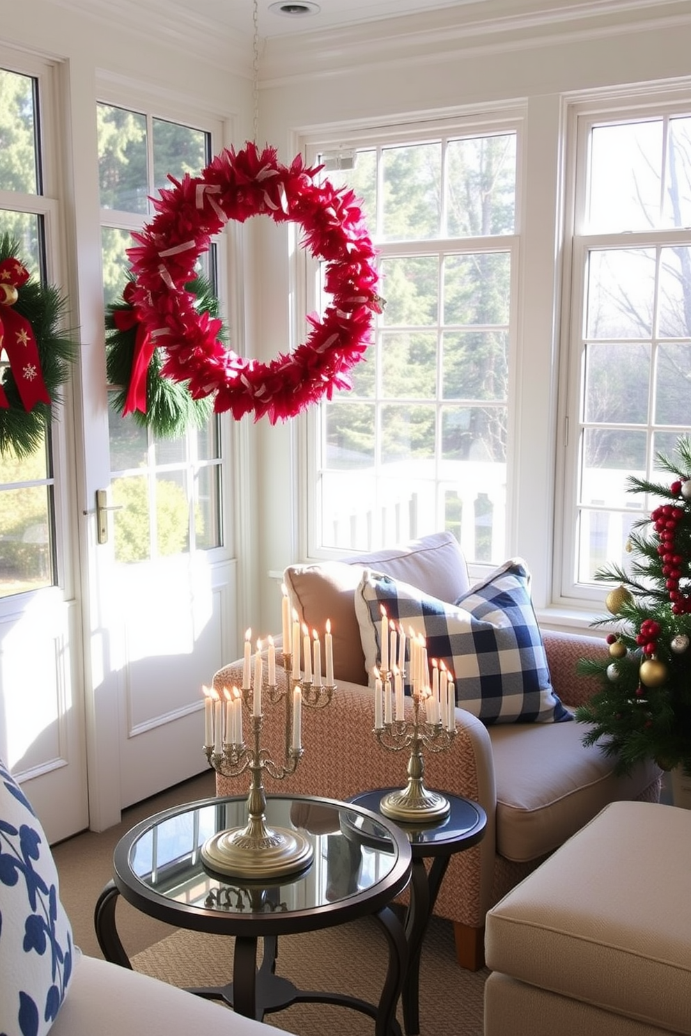 A bright sunroom filled with natural light features wall-mounted shelves adorned with various decorative items. The shelves showcase a mix of festive Hanukkah decorations, including menorahs, dreidels, and vibrant blue and silver accents.