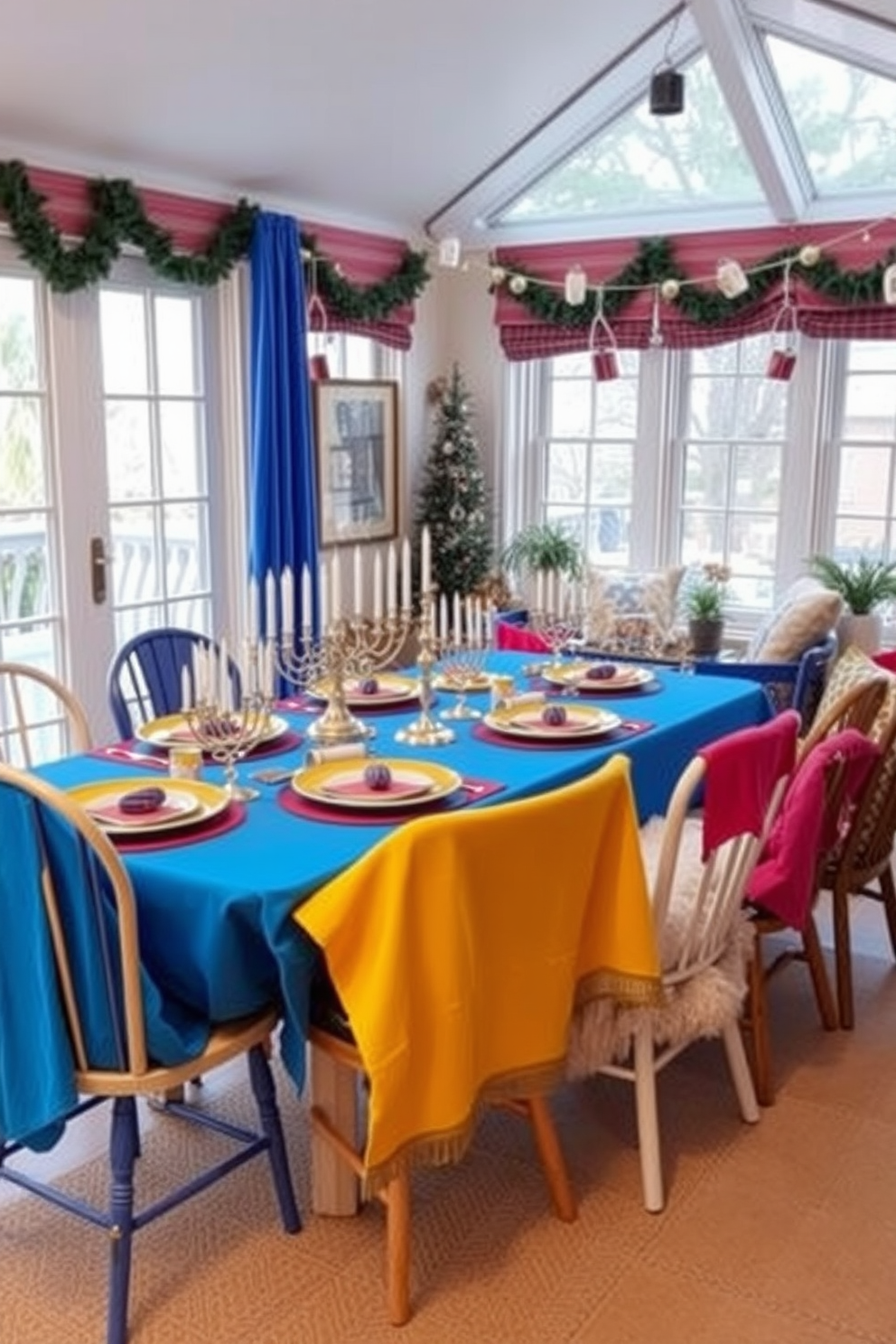 A whimsical Hanukkah themed table setting features a vibrant blue tablecloth adorned with silver and gold menorah centerpieces. Surrounding the table are mismatched chairs draped with colorful fabric, creating a playful and inviting atmosphere. For sunroom Hanukkah decorating ideas, the space is filled with natural light and decorated with hanging paper dreidels and string lights. Cozy seating is complemented by plush cushions in festive colors, creating a warm and cheerful gathering spot for holiday celebrations.