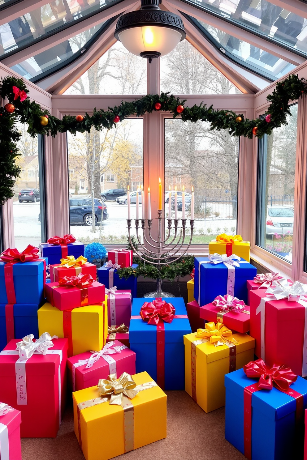 Brightly colored gift boxes are artfully arranged in the sunroom, creating a vibrant and festive atmosphere. The boxes vary in size and are adorned with shiny ribbons and bows, adding a playful touch to the seasonal decor. Incorporating traditional Hanukkah elements, the sunroom features a menorah placed prominently among the gift boxes. Soft, warm lighting enhances the cheerful ambiance, making it a perfect gathering space for family and friends during the holiday season.