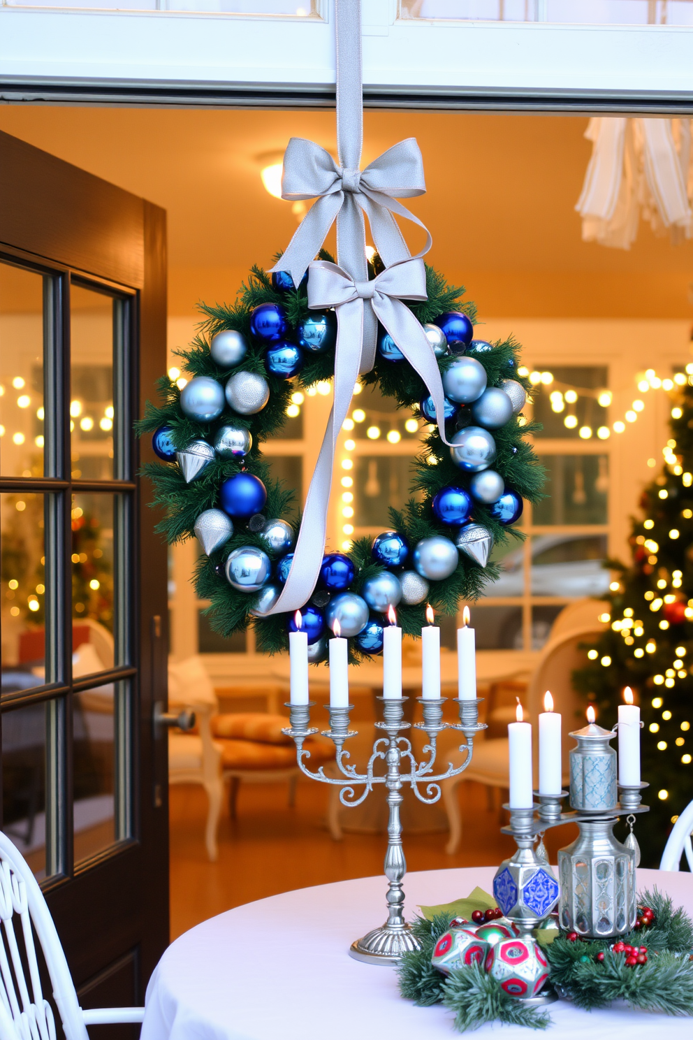 A festive wreath adorned with blue and silver ornaments hangs on the front door, welcoming guests with a touch of holiday cheer. The wreath is complemented by a delicate bow that adds an elegant finishing touch. Inside the sunroom, soft white lights are draped across the windows, creating a warm and inviting atmosphere. A beautifully arranged table features traditional Hanukkah decorations, including a menorah and colorful dreidels, enhancing the festive spirit.