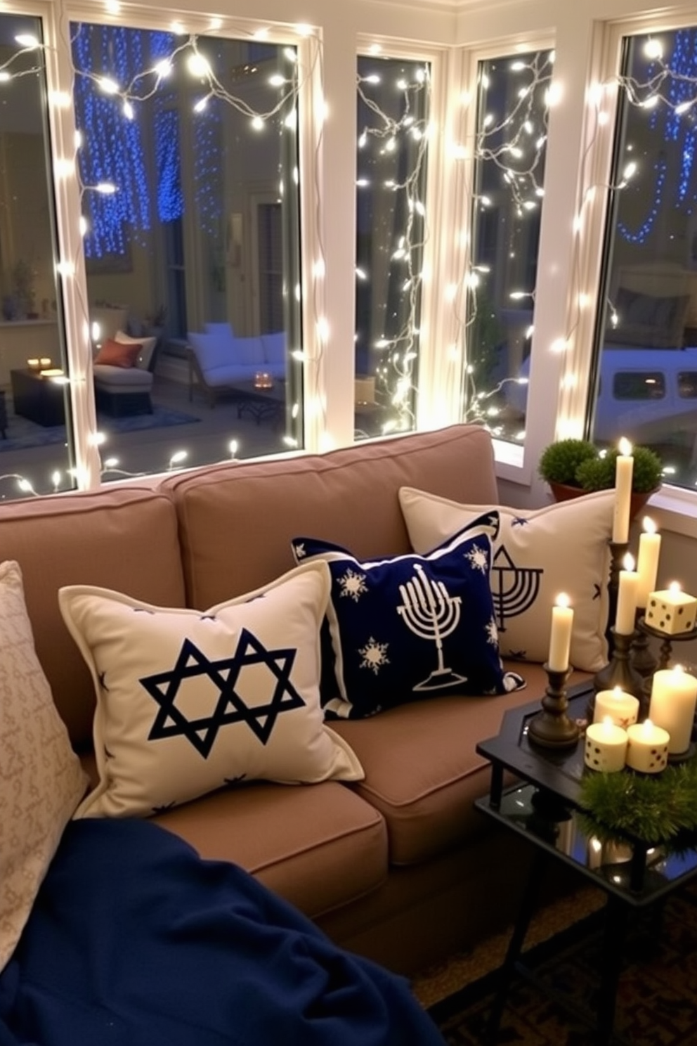 Charming Hanukkah themed pillows are arranged on a cozy sofa in the sunroom. The pillows feature rich blues and whites with Star of David and menorah patterns, creating a festive atmosphere. The sunroom is adorned with twinkling fairy lights draped across the windows. A small table displays a collection of dreidels and candles, enhancing the holiday spirit.