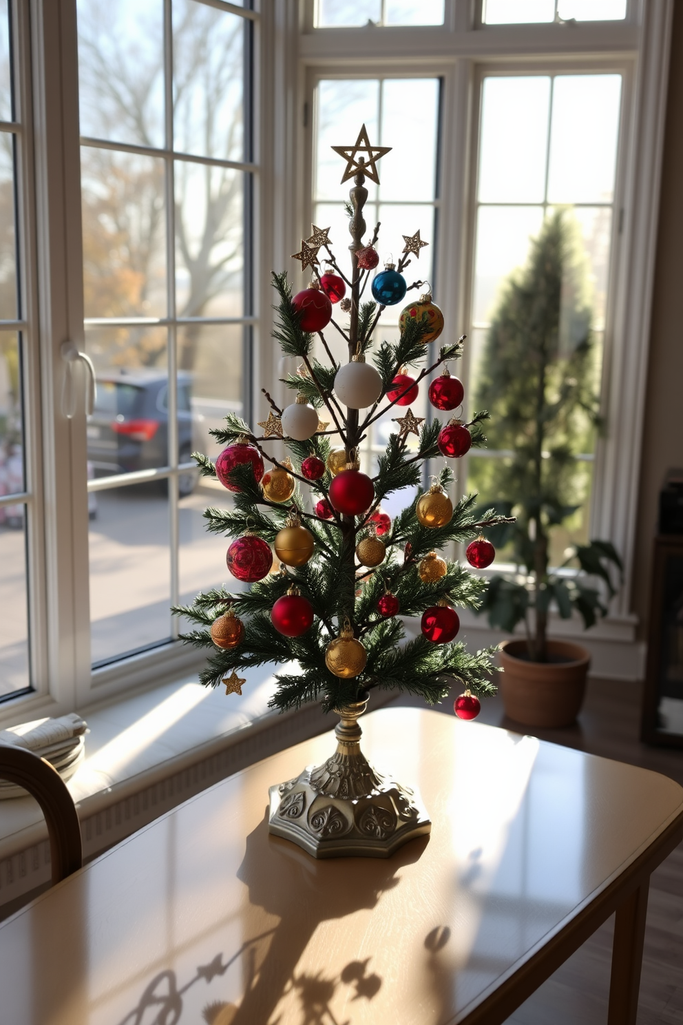 A beautifully arranged tabletop tree stands in the sunroom, adorned with colorful ornaments that reflect the festive spirit of Hanukkah. Soft natural light filters through the large windows, highlighting the intricate details of the decorations and creating a warm, inviting atmosphere.