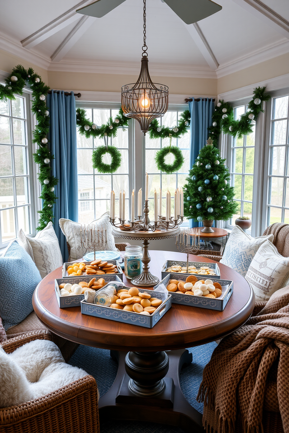 A bright and inviting sunroom decorated for Hanukkah features a large window that allows natural light to flood the space. On a rustic wooden table, decorative bowls filled with colorful gelt are artfully arranged alongside festive candles and traditional menorah. The walls are adorned with cheerful blue and white decorations, creating a warm and celebratory atmosphere. Plush cushions in various shades of blue provide comfortable seating, inviting family and friends to gather and celebrate the holiday.