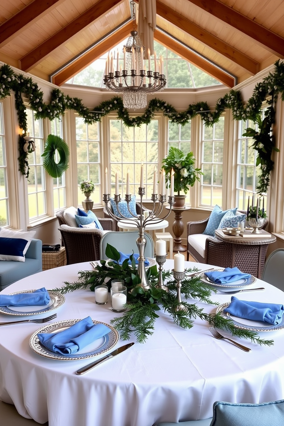 Elegant menorah centerpiece on a beautifully set dining table. The table is adorned with a white tablecloth and scattered with fresh greenery and candles for a festive touch. Sunroom filled with natural light, featuring comfortable seating and festive decorations. Soft cushions in blue and silver hues complement the decor, creating a warm and inviting atmosphere for Hanukkah celebrations.