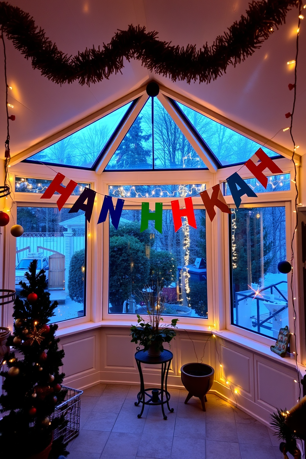 A vibrant sunroom adorned with colorful banners spelling Happy Hanukkah. The walls are decorated with festive ornaments and twinkling fairy lights, creating a warm and inviting atmosphere.