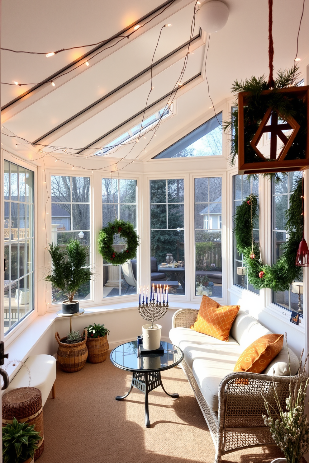 A cozy sunroom adorned with string lights casting a warm glow throughout the space. The room features comfortable seating with festive Hanukkah decorations, including a beautiful menorah on the coffee table and blue and silver accents throughout.