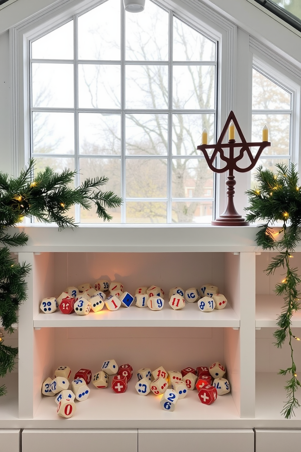 A sunroom filled with natural light showcases decorative dreidels scattered artfully on shelves. The shelves are adorned with festive greenery and twinkling lights, creating a warm and inviting atmosphere for Hanukkah celebrations.