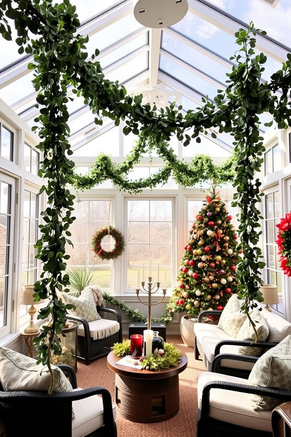 A sunroom filled with fresh greenery creates a vibrant and inviting atmosphere. Silver accents adorn the space, including decorative vases and picture frames that reflect light beautifully. For Hanukkah, the sunroom is elegantly decorated with blue and white elements. Softly glowing menorahs and festive garlands enhance the warmth of the greenery, creating a cozy holiday setting.