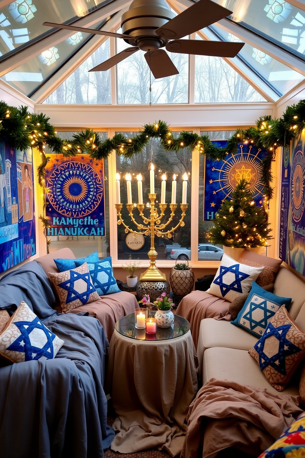 Layered rugs for added warmth. A cozy sunroom filled with natural light features multiple rugs in varying textures and patterns, creating a warm and inviting atmosphere. Hanukkah decorating ideas. The space is adorned with elegant blue and silver decorations, including a beautifully lit menorah on the coffee table and festive garlands draped across the windows.