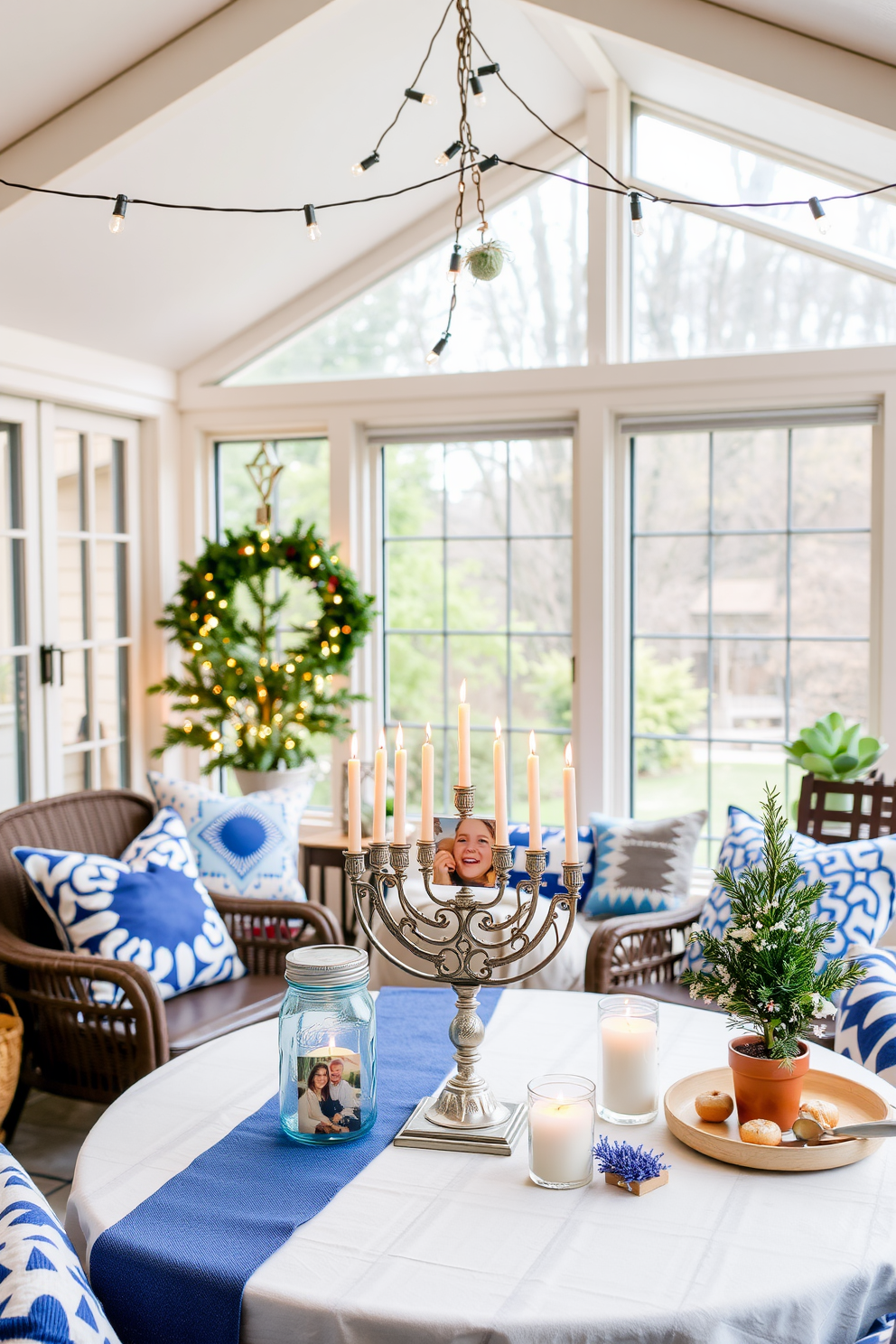 A cozy sunroom filled with natural light features DIY candle holders made from mason jars adorned with family photos. The warm glow of the candles creates an inviting atmosphere, perfect for gathering during the festive Hanukkah season. The sunroom is decorated with blue and white accents, reflecting traditional Hanukkah colors. String lights hang above, adding a magical touch to the space, while a beautifully arranged table showcases a menorah surrounded by festive decor.