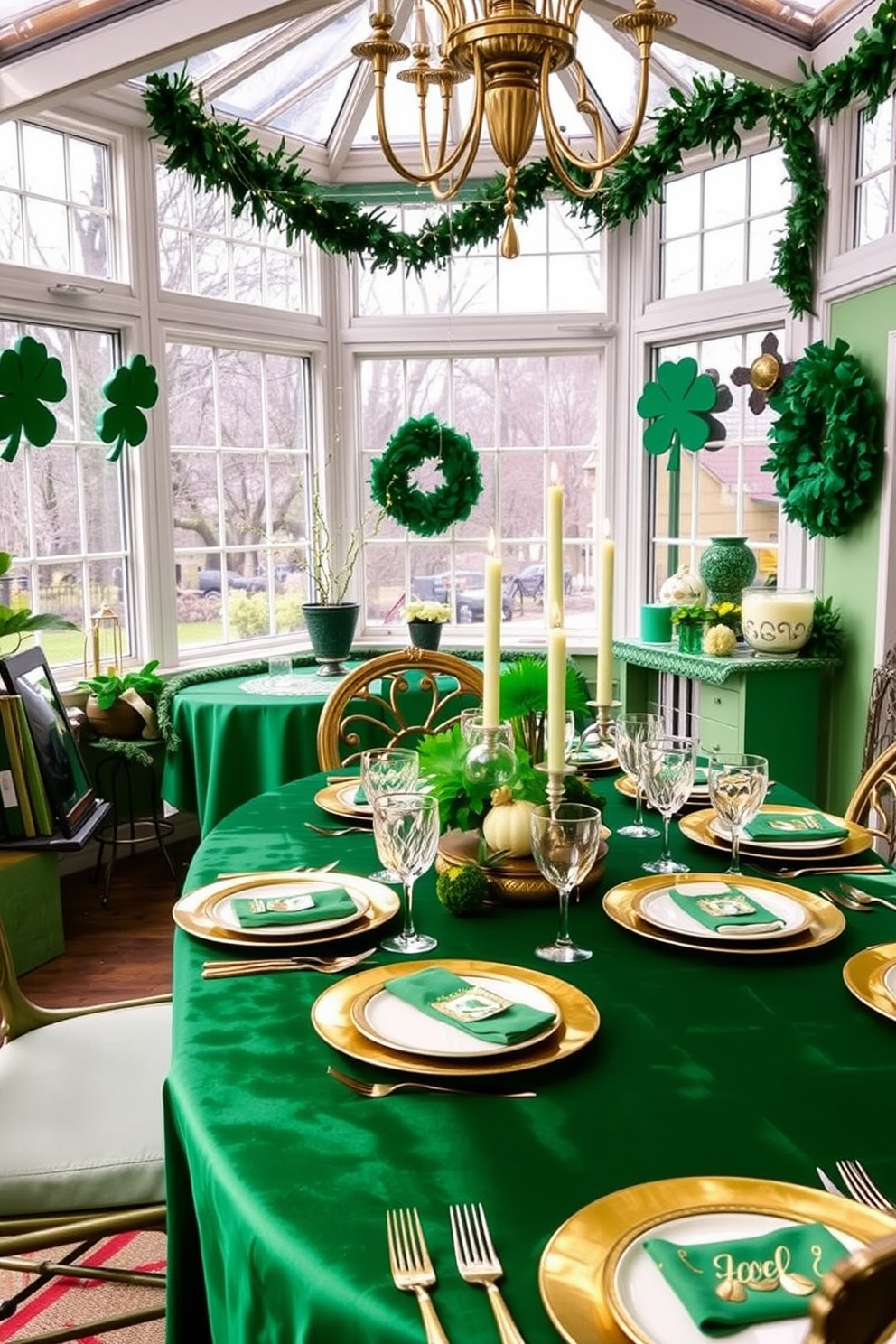 A vibrant sunroom adorned with green and gold table settings. The table is elegantly dressed with a rich emerald green tablecloth, complemented by gold-rimmed dinnerware and sparkling crystal glassware. Festive St. Patrick's Day decorations enhance the atmosphere, featuring shamrock centerpieces and twinkling fairy lights. The walls are adorned with tasteful green accents, creating a cheerful and inviting space.