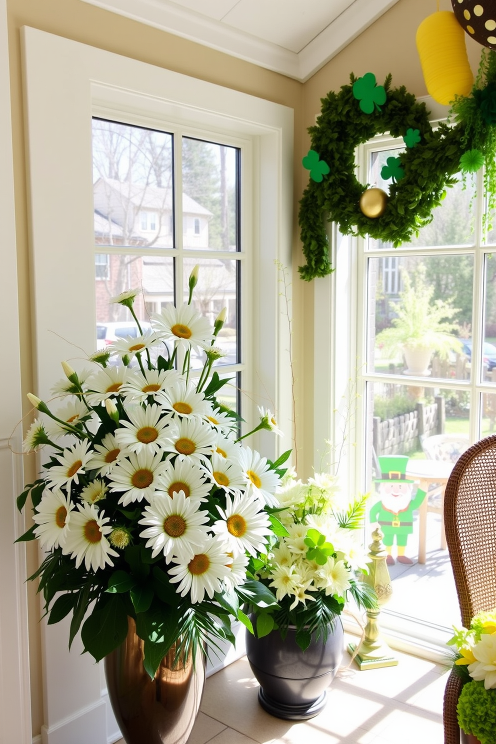 Floral arrangements featuring vibrant white daisies are artfully displayed in a sunlit corner of the sunroom. The cheerful blooms are complemented by lush greenery and arranged in elegant vases that enhance the fresh and inviting atmosphere. For St. Patrick's Day, the sunroom is adorned with festive decorations that incorporate shades of green and gold. Shamrocks and playful leprechaun motifs are tastefully integrated into the floral displays, creating a joyful and celebratory ambiance.