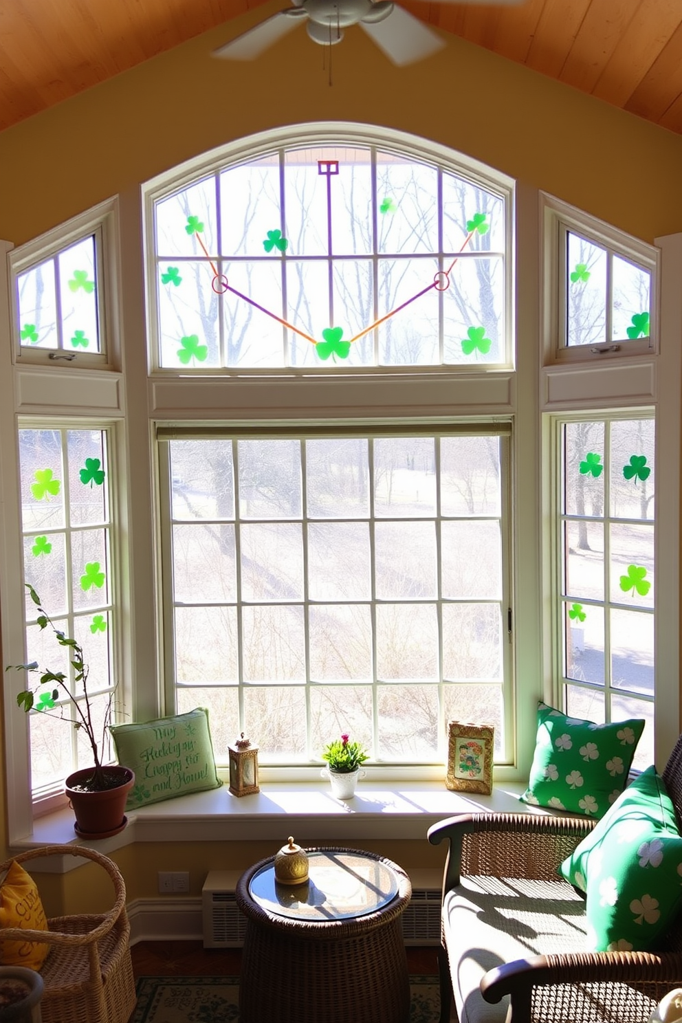 A sunroom adorned for St. Patrick's Day features decorative glass jars filled with gold coins arranged on a rustic wooden table. Lush green plants surround the jars, creating a vibrant and festive atmosphere that celebrates the holiday.