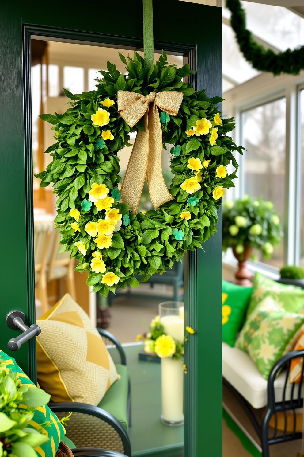 A vibrant St Patrick's Day wreath adorns the front door, crafted from lush green foliage and accented with cheerful yellow and white flowers. The wreath features playful elements like shamrocks and a festive bow, welcoming guests with a touch of holiday spirit. Inside, the sunroom is transformed into a festive retreat, filled with green and gold decorations that celebrate the holiday. Cozy seating is adorned with themed cushions, and a centerpiece of fresh flowers and candles adds warmth to the cheerful atmosphere.