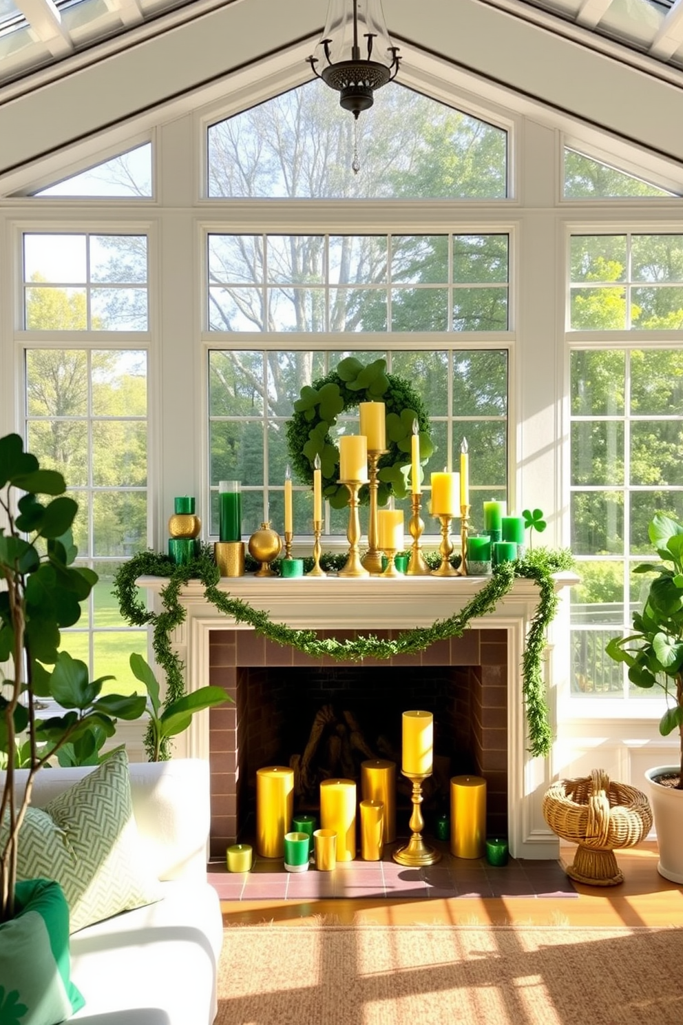 A sunroom filled with natural light features a beautiful mantel adorned with an array of gold and green candles. The decor is inspired by St. Patrick's Day, incorporating festive elements like shamrock motifs and vibrant green accents throughout the space.