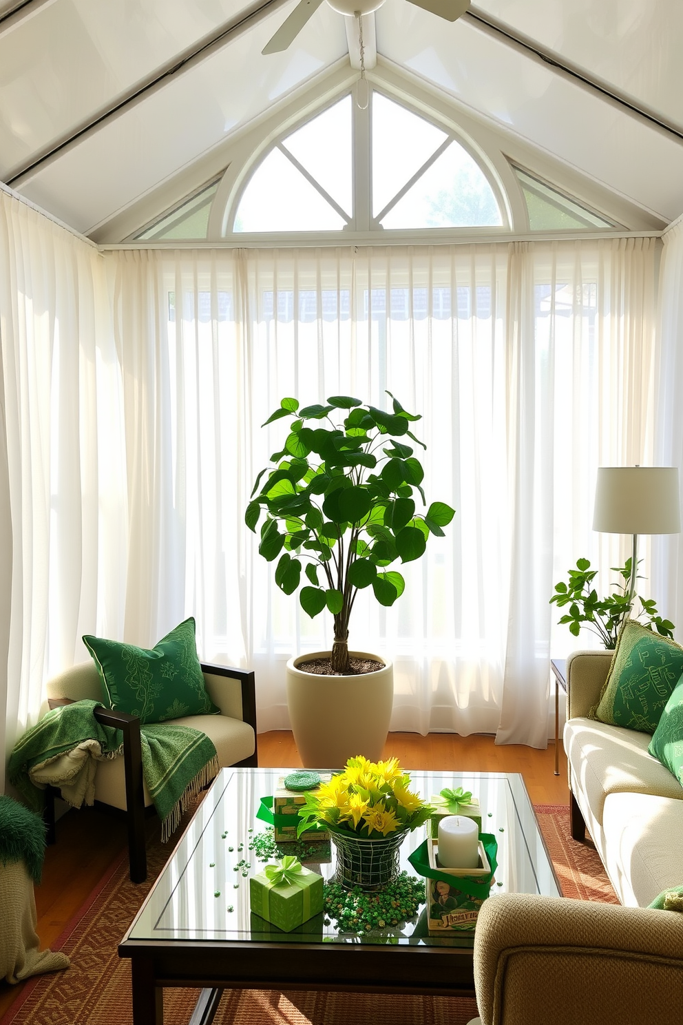 A sunroom filled with natural light as sunlight streams through sheer white curtains. The space features a cozy seating area adorned with green and gold accents to celebrate St. Patrick's Day. A large potted plant sits in the corner, adding a touch of nature to the decor. On the coffee table, festive decorations include shamrocks and a cheerful centerpiece.