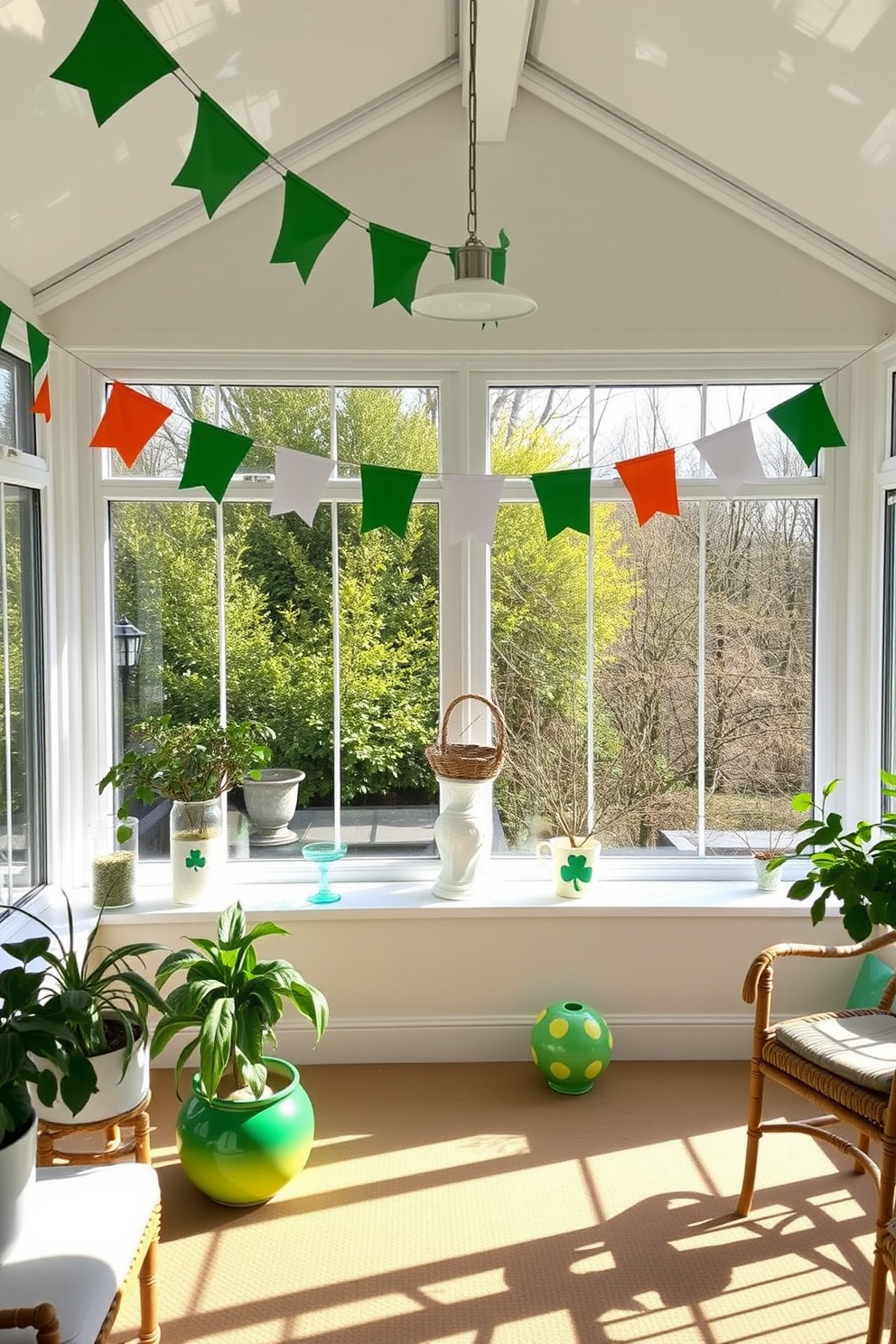 A bright and cheerful sunroom adorned with Irish flag bunting elegantly draped across the windows. The space is filled with natural light, highlighting festive decorations that celebrate St. Patrick's Day.