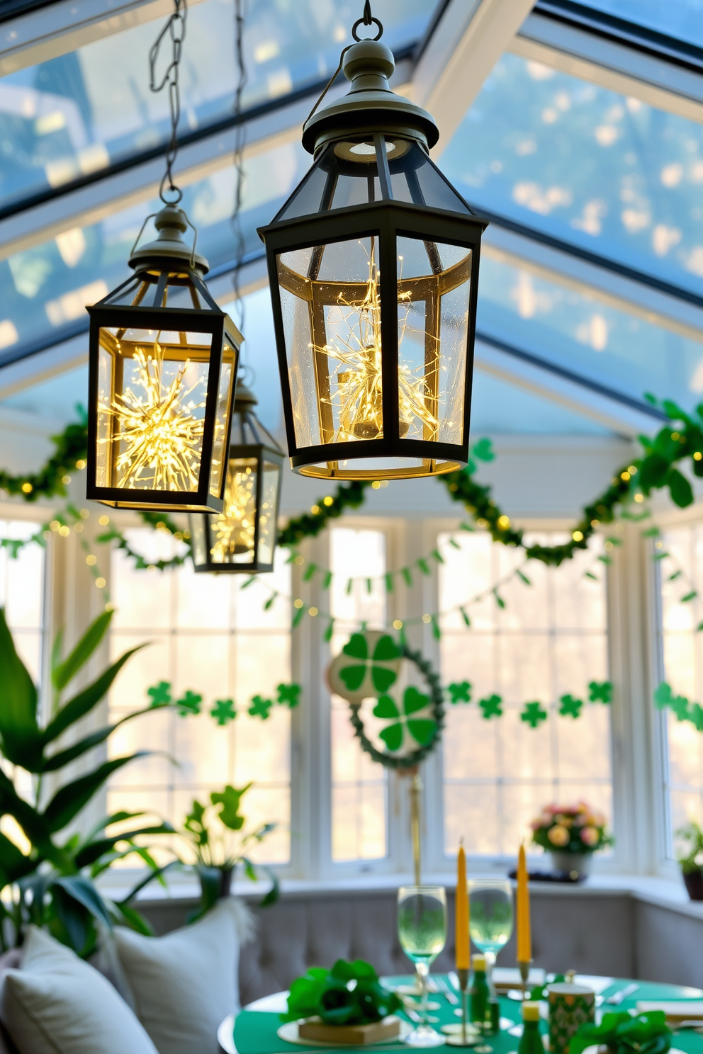 Decorative lanterns filled with twinkling fairy lights hang from the ceiling of a bright sunroom. The warm glow creates a cozy atmosphere, complemented by lush green plants and soft, inviting seating. For St. Patrick's Day, the sunroom is adorned with vibrant green and gold decorations. Shamrock garlands drape across the windows, and festive table settings feature delicate touches of clover and sparkling accents.