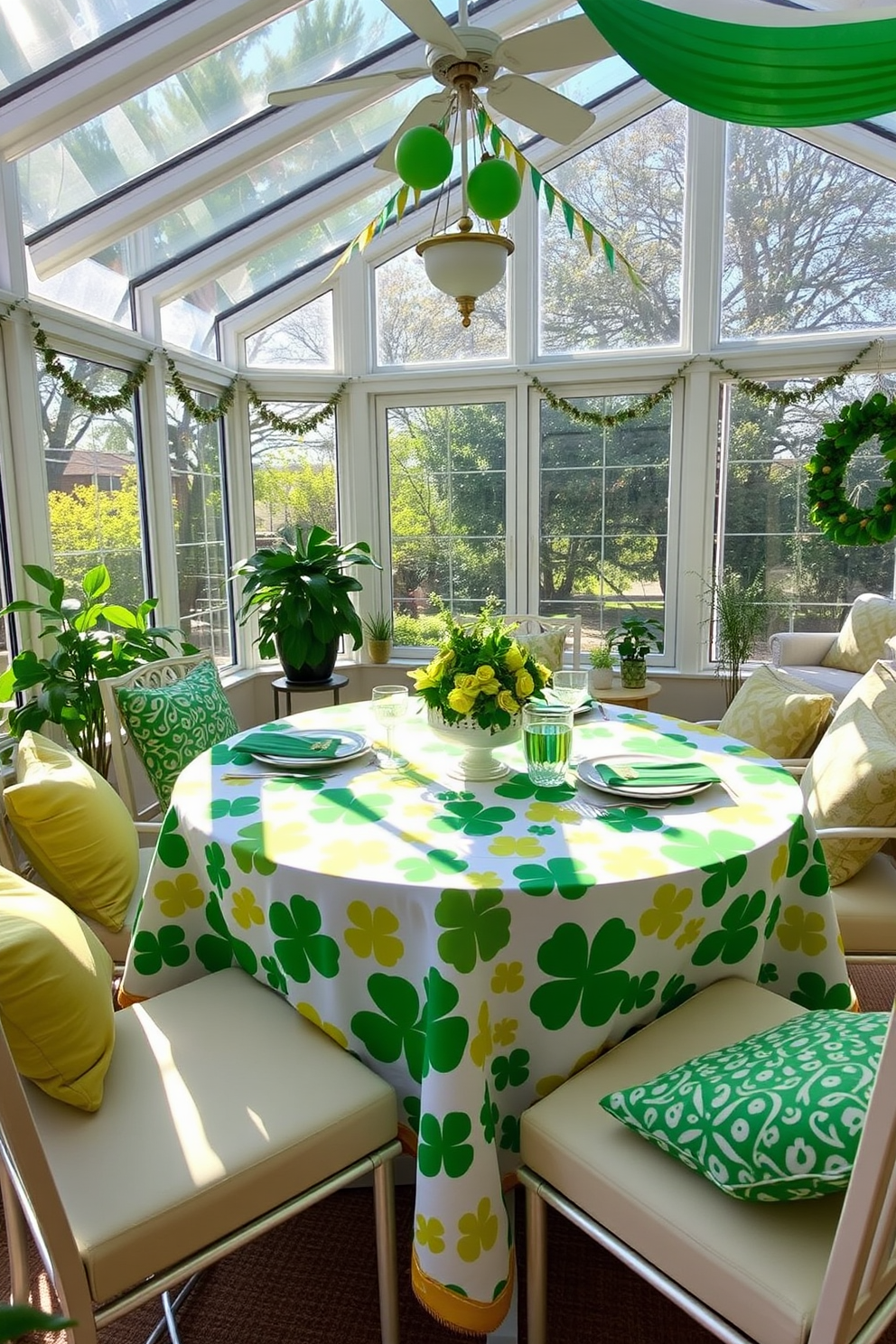 A festive sunroom adorned with a vibrant tablecloth featuring a clovers design. The table is set with green and gold accents, surrounded by comfortable seating and natural light streaming in through large windows.