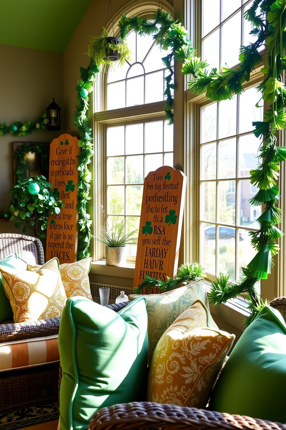 Create a vibrant sunroom decorated for St. Patrick's Day with an abundance of gold and green balloons. The balloons are elegantly arranged around the windows and ceiling, creating a festive atmosphere filled with natural light.