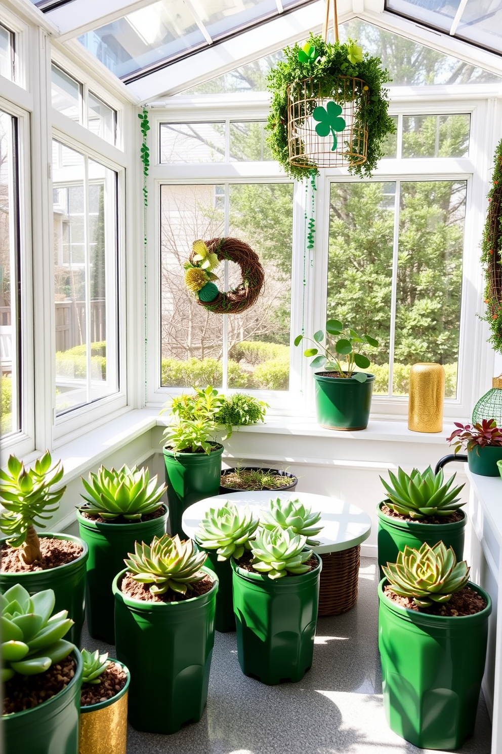 A bright sunroom filled with natural light featuring several green pots containing vibrant succulent plants. The decor is inspired by St. Patrick's Day, with touches of green and gold accents throughout the space, creating a festive and inviting atmosphere.