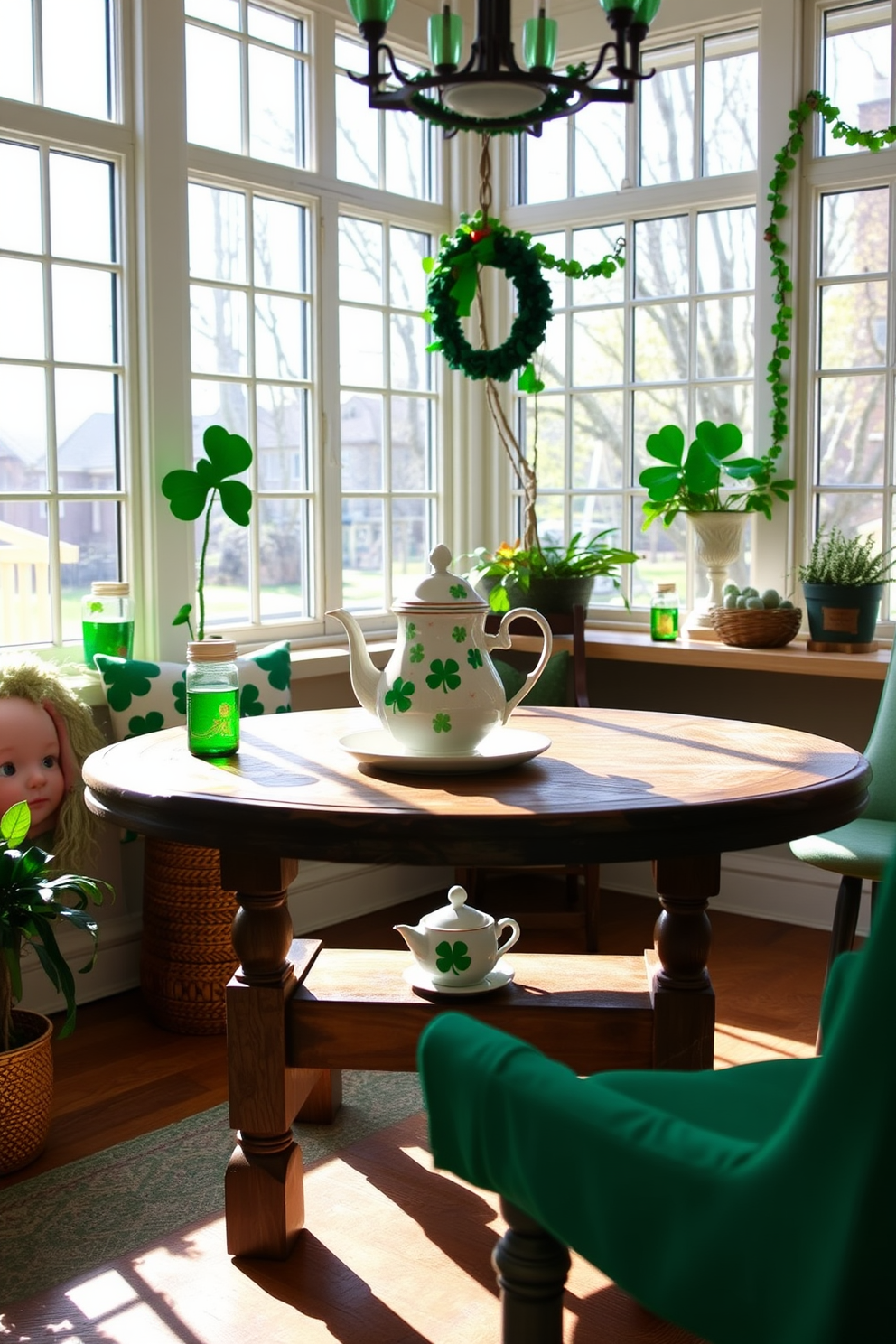 A charming sunroom adorned for St. Patrick's Day features a beautiful tea set with delicate clover motifs on a rustic wooden table. Natural light streams in through large windows, illuminating the vibrant green accents and festive decorations throughout the space.