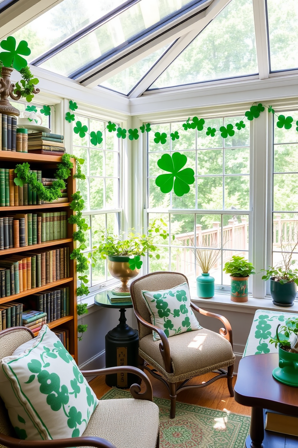 A cozy sunroom adorned for St. Patrick's Day features a lucky horseshoe prominently displayed on the mantle. The space is filled with vibrant green accents, including cushions and decorative throws that celebrate the holiday spirit.