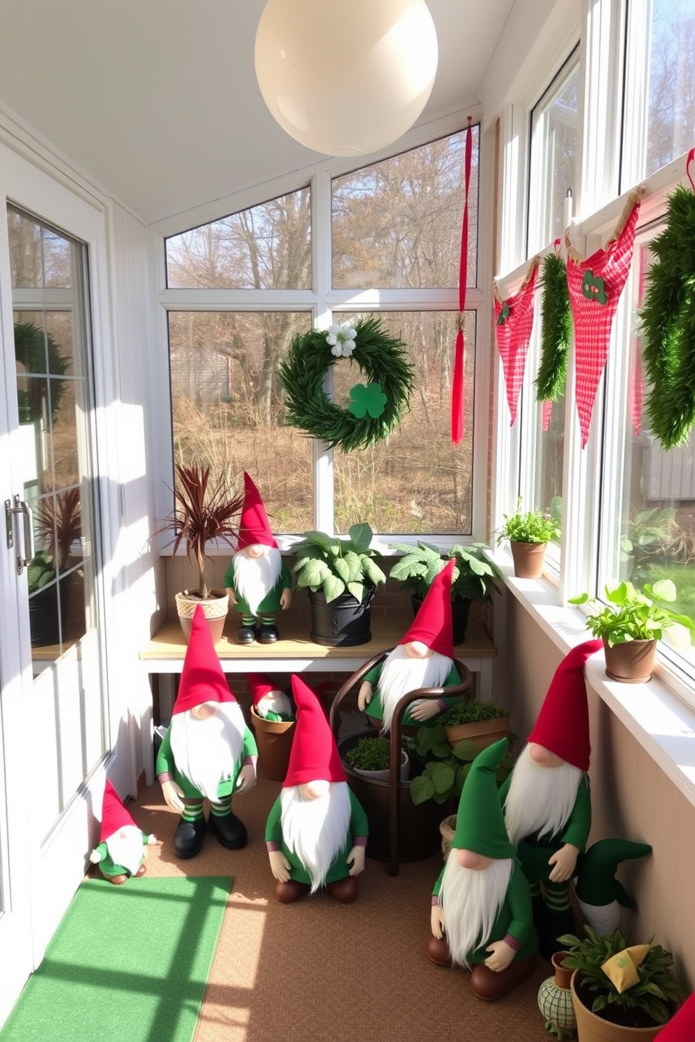 A cheerful sunroom filled with playful gnome decorations. The gnomes are scattered throughout the space, bringing a whimsical touch to the St. Patrick's Day theme.