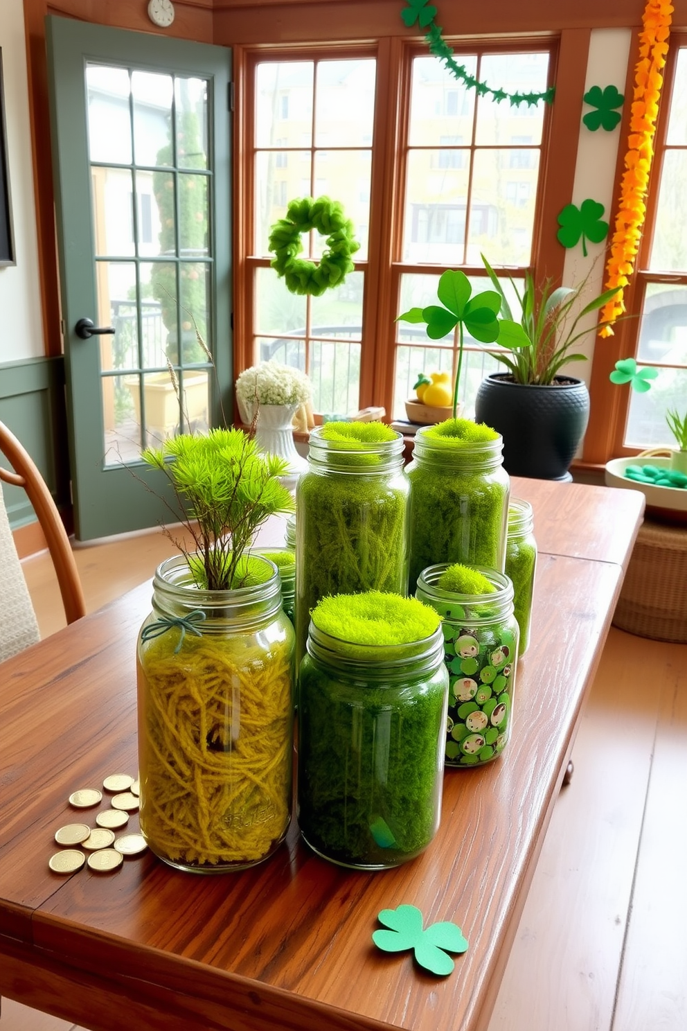 Colorful glass jars filled with vibrant green moss are arranged on a rustic wooden table in a sunroom. Brightly colored accents and festive St. Patrick's Day decorations, such as shamrocks and gold coins, enhance the cheerful atmosphere.