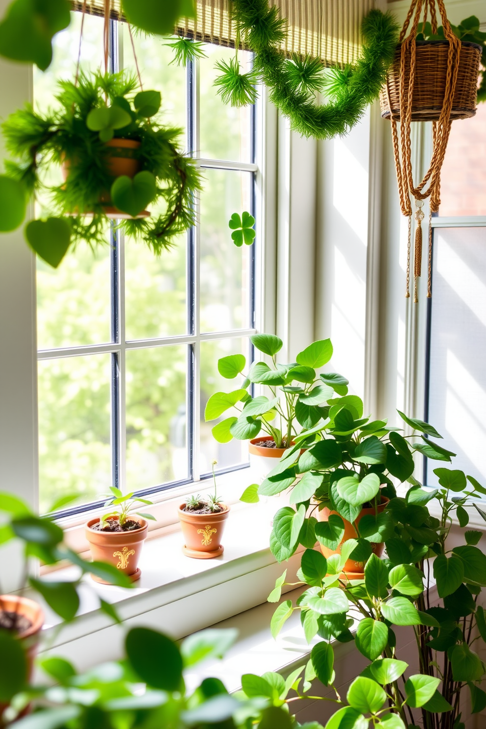 A bright and cheerful sunroom decorated for St. Patrick's Day. Miniature pots with gold accents are placed on the windowsills, surrounded by lush green plants and soft natural light.