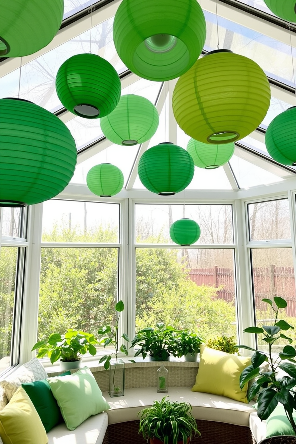 A bright sunroom filled with an array of lush plants featuring vibrant green foliage. Sunlight streams through large windows, creating a warm and inviting atmosphere. The space is adorned with festive St. Patrick's Day decorations, including green garlands and shamrock-themed accents. A cozy seating area invites relaxation while celebrating the holiday spirit.