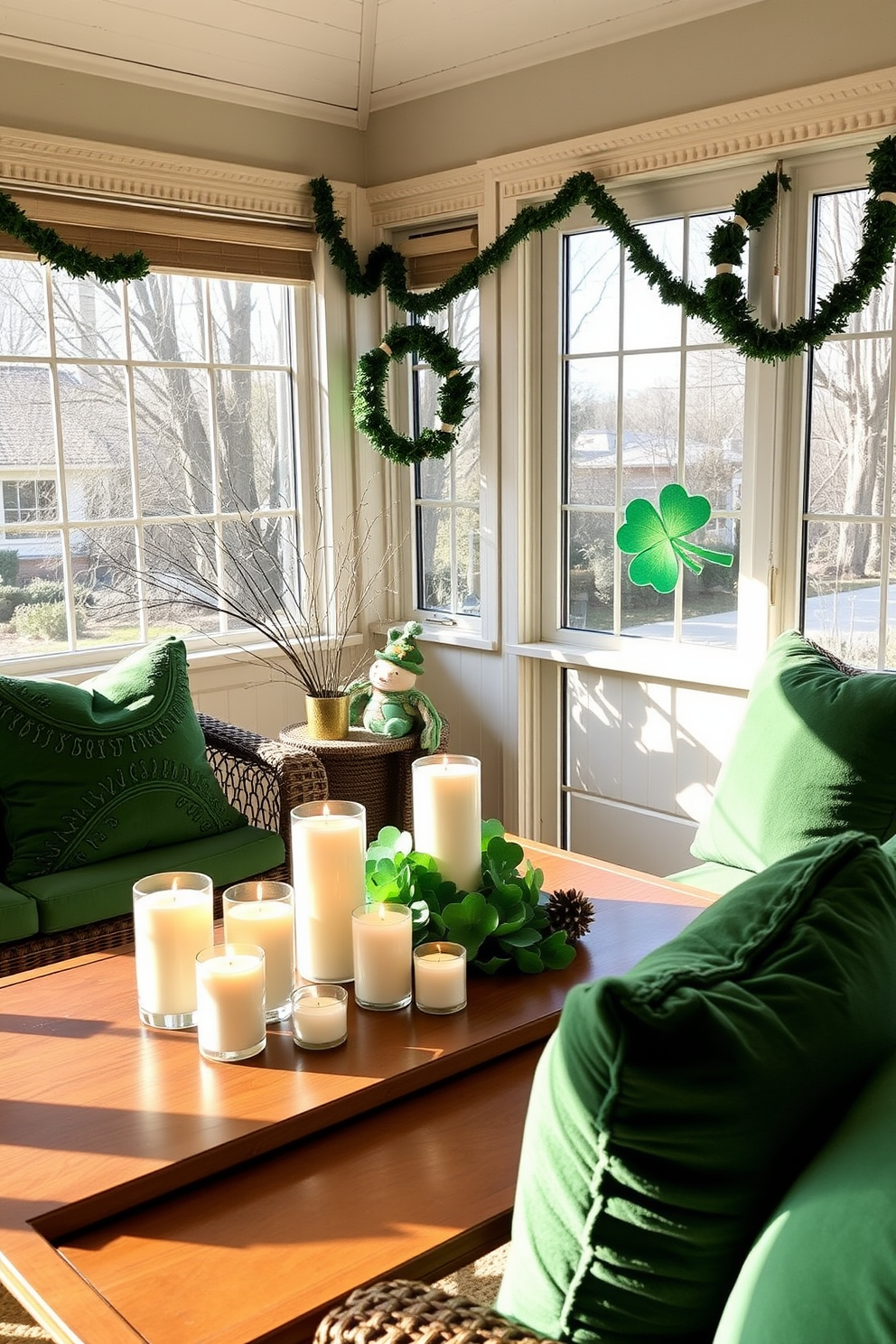 Layered rugs in various shades of green are artfully arranged on a sunlit floor, creating a cozy and inviting atmosphere. The rugs vary in texture and pattern, adding depth and warmth to the space. In the sunroom, vibrant St. Patrick's Day decorations bring a festive touch, with shamrock motifs and golden accents enhancing the cheerful ambiance. Natural light floods the room, highlighting the playful decor and the lush greenery outside.