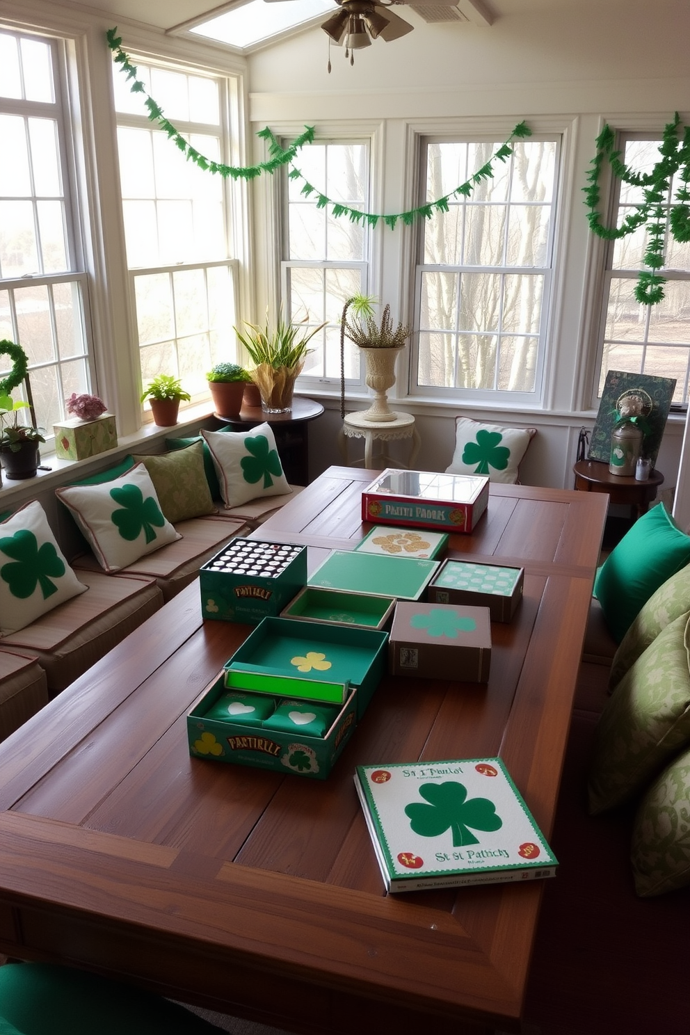 A cozy sunroom filled with natural light. A large wooden table is set up with an assortment of tabletop games, inviting guests to gather and enjoy. The space is decorated with green and gold accents in honor of St. Patrick's Day. Shamrock-themed cushions adorn the seating, and festive garlands hang from the windows, creating a cheerful atmosphere.