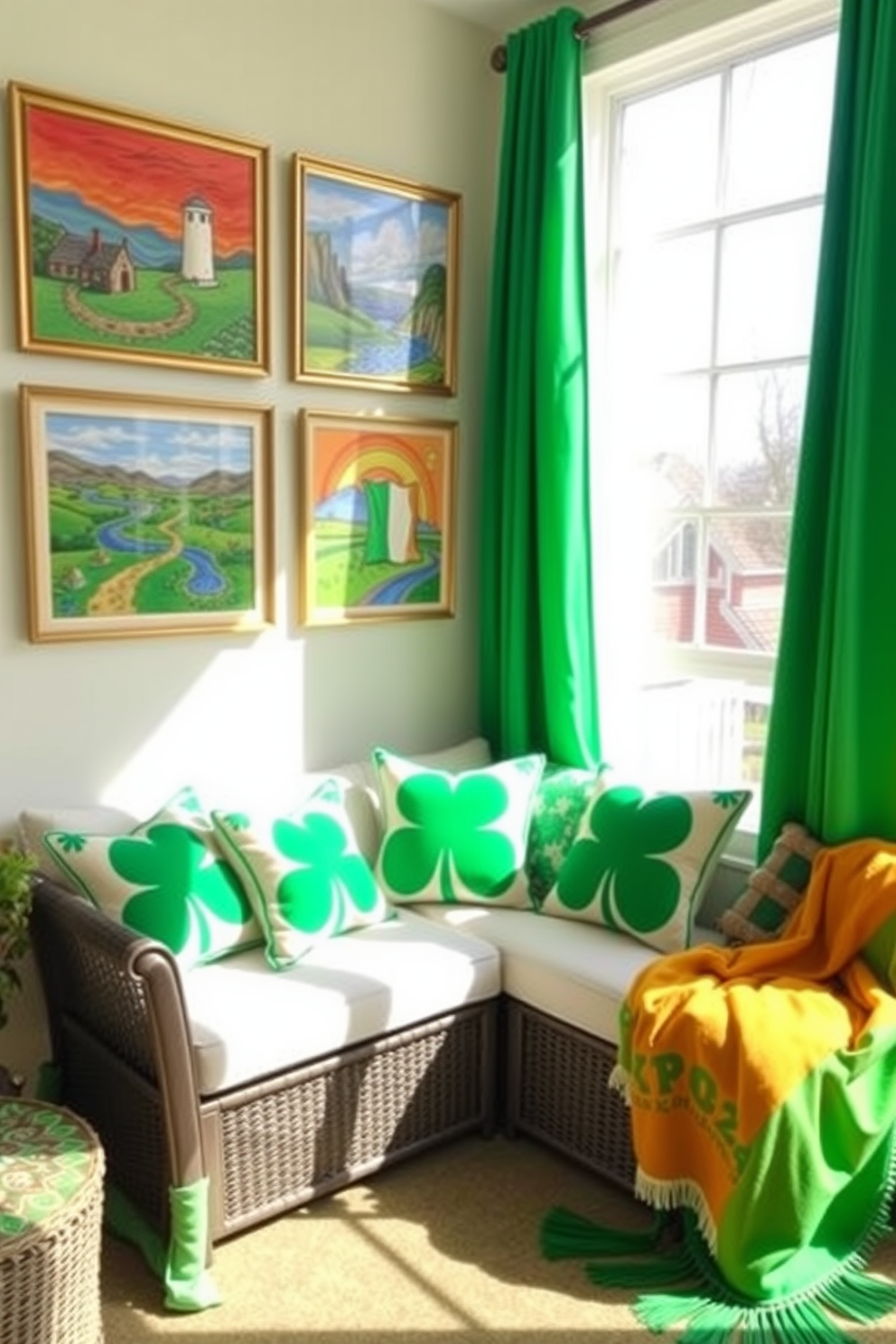 Brightly colored artwork featuring Irish landscapes and cultural symbols adorns the walls of a sunlit sunroom. The decor includes festive St. Patrick's Day accents such as shamrock-patterned cushions and vibrant green throw blankets.