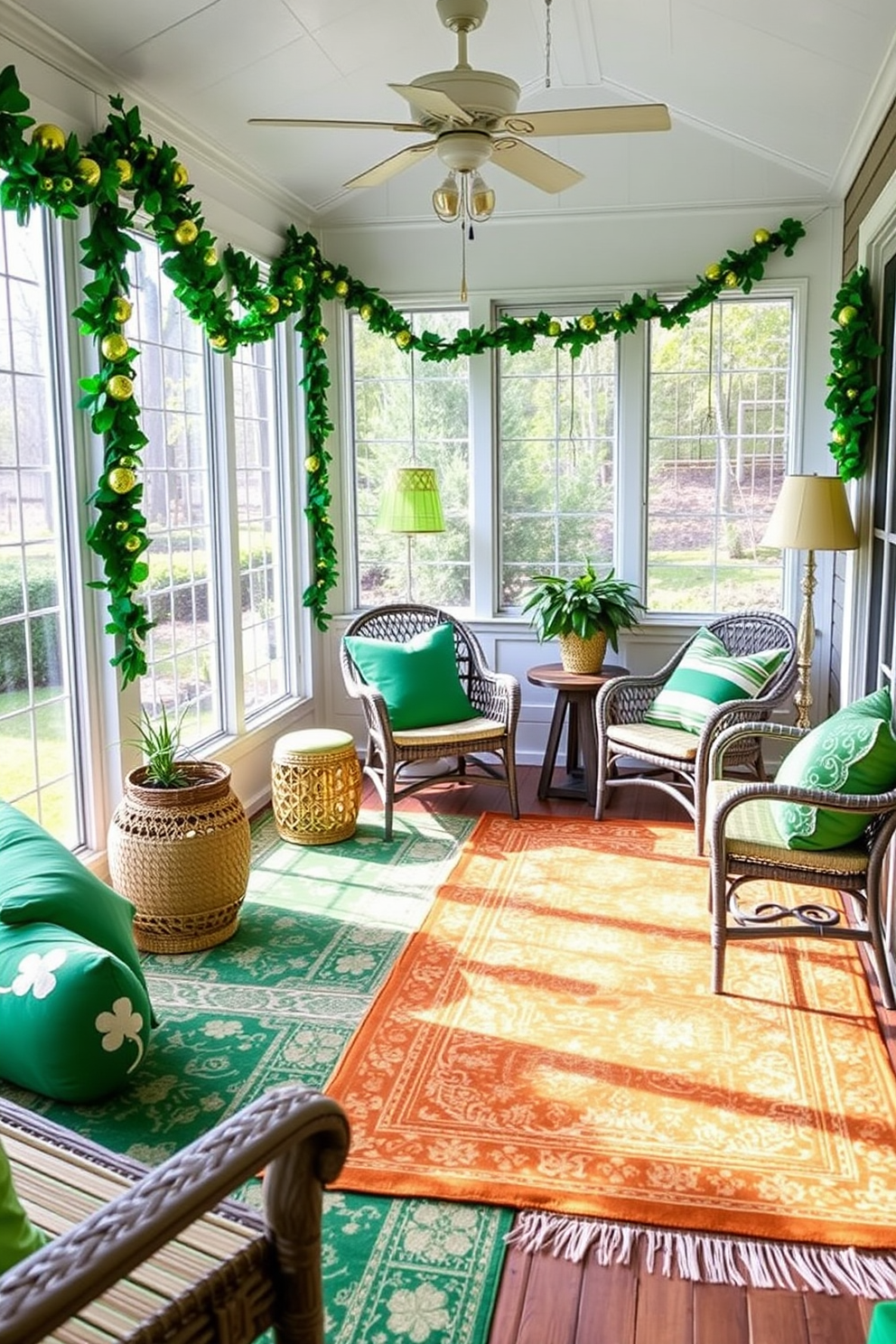 A sunroom adorned with layered rugs in rich green and gold tones creates a cozy and inviting atmosphere. The space is filled with natural light, highlighting the festive St. Patrick's Day decorations, including shamrock garlands and vibrant green cushions.