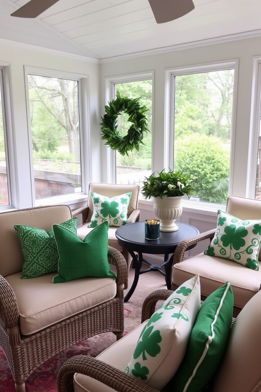 A cozy sunroom adorned with Irish-themed throw pillows on comfortable chairs. The pillows feature vibrant green patterns and Celtic designs, creating a festive atmosphere for St. Patrick's Day celebrations.