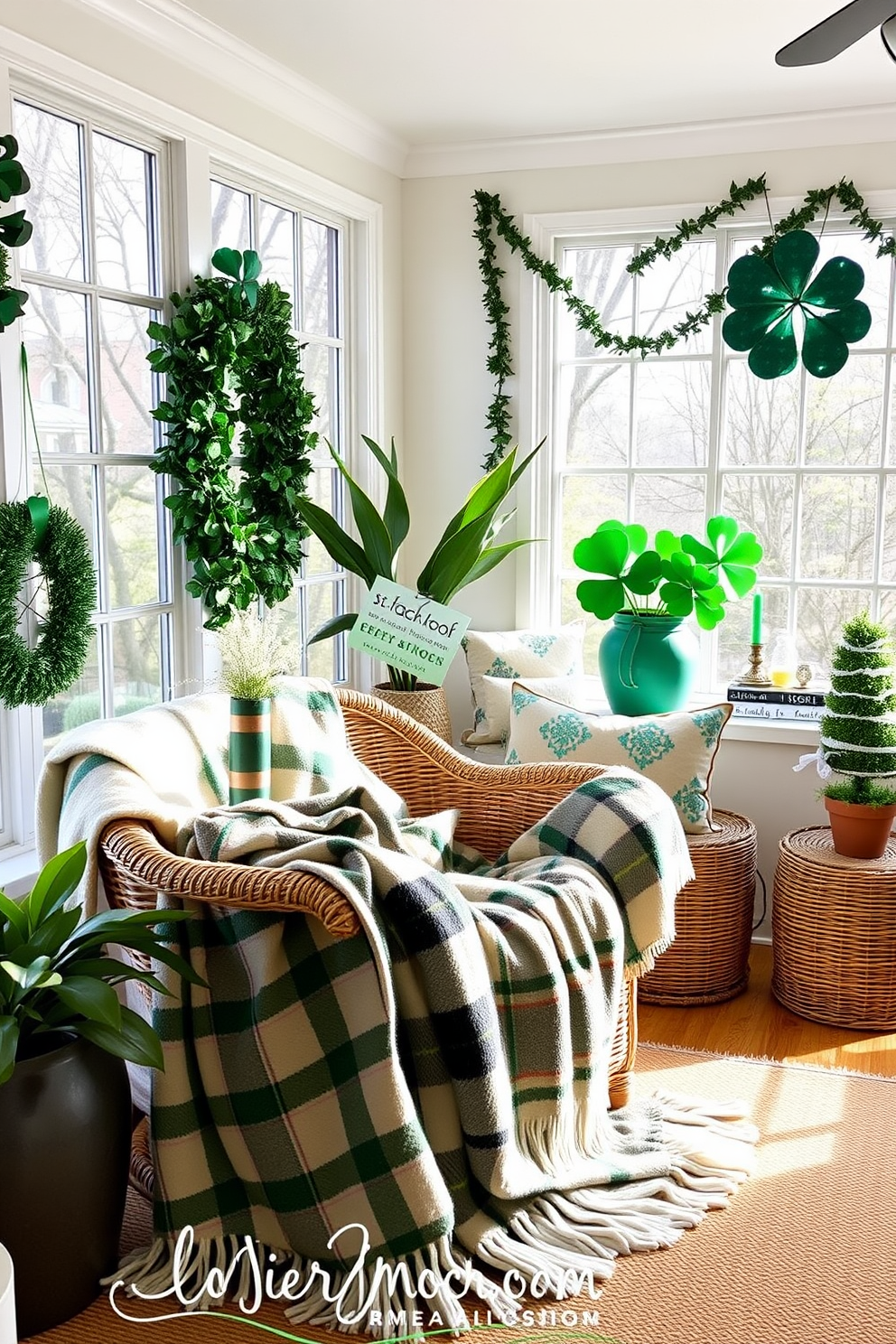 Soft blankets in plaid patterns are draped over a cozy wicker chair in a sunroom filled with natural light. The space is adorned with green accents and shamrock-themed decorations to celebrate St. Patrick's Day.