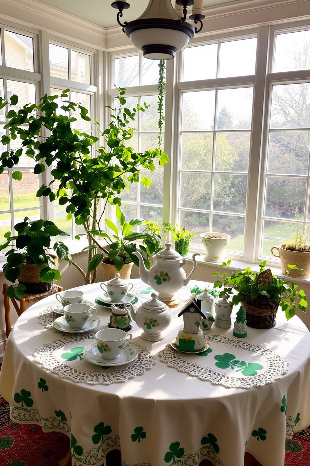 A cozy sunroom decorated for St. Patrick's Day features charming leprechaun figurines placed on elegant side tables. The room is filled with natural light, and the vibrant green accents create a festive atmosphere.