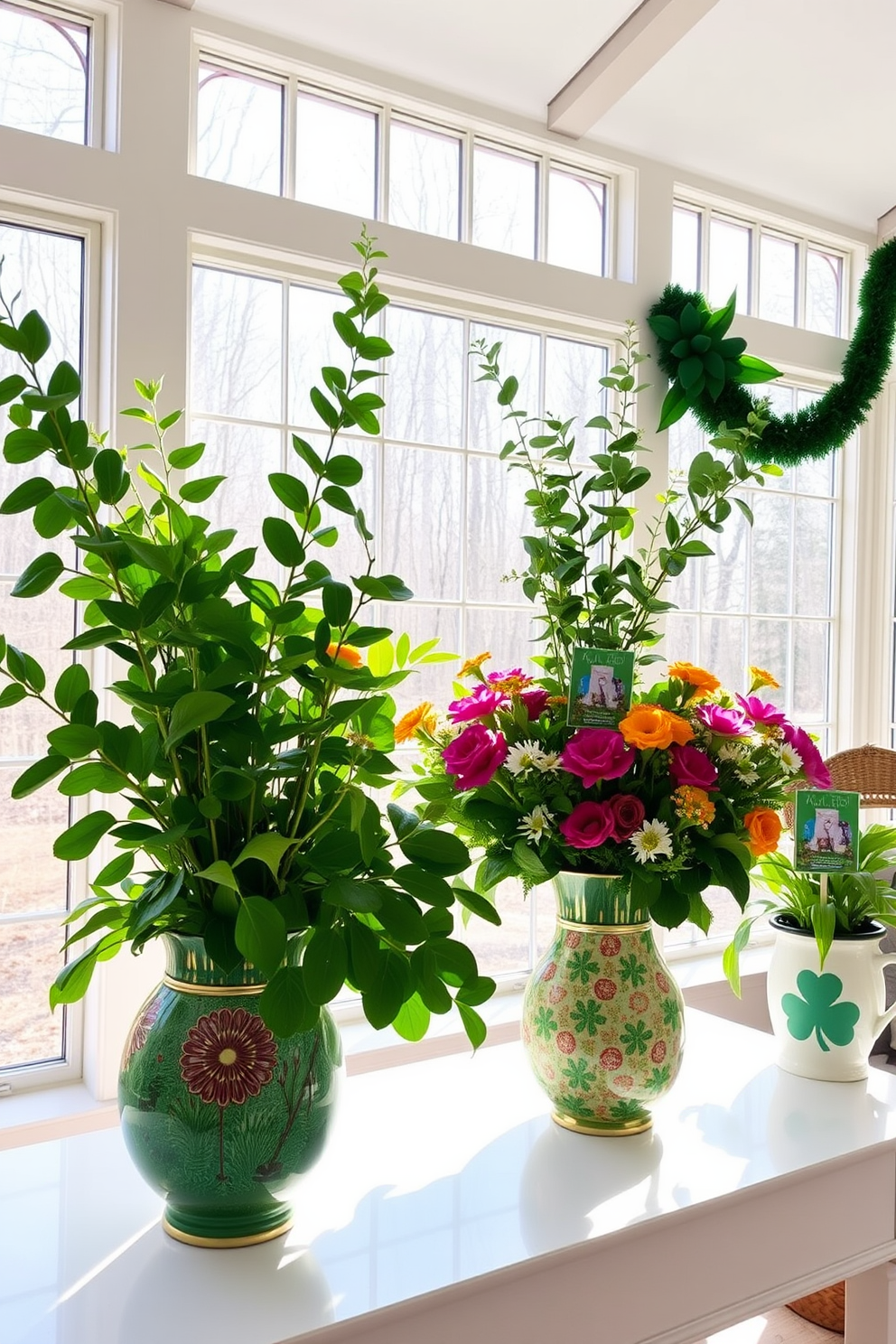 A bright and airy sunroom filled with natural light. The space features comfortable seating adorned with Irish flag accents on cushions, creating a festive atmosphere for St. Patrick's Day. Potted plants in the corners add a touch of greenery, while a wooden coffee table holds decorative elements like shamrock-themed coasters and candles. The windows are dressed with sheer white curtains, allowing sunlight to filter softly into the room.