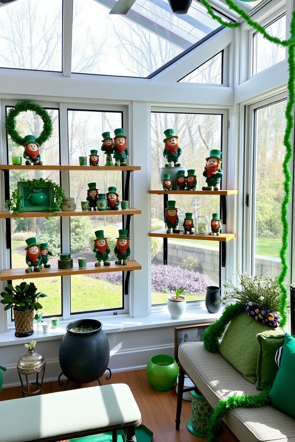 A cheerful sunroom filled with natural light features several shelves adorned with whimsical leprechaun figurines in various poses. The decor includes vibrant green accents and festive St. Patrick's Day decorations, creating a playful and inviting atmosphere.